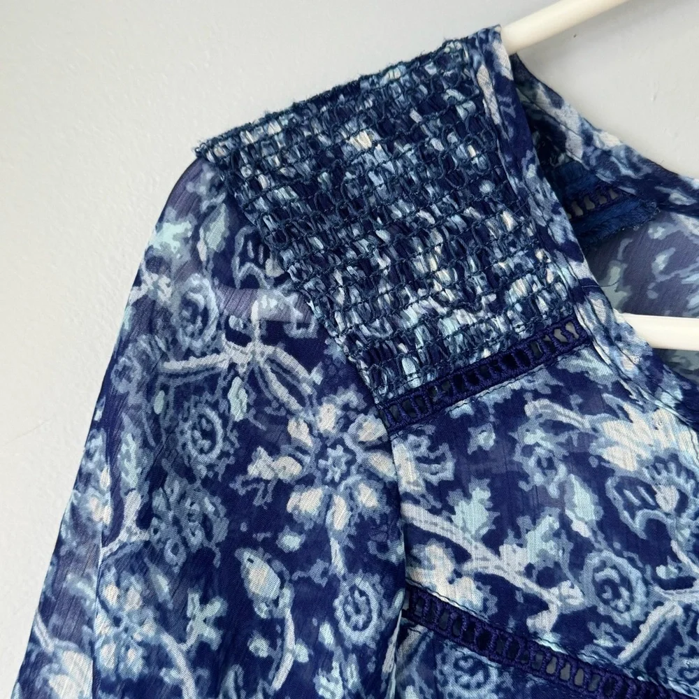 Abercrombie Kids Girl’s Blue Sheer Floral Smocked Blouse Boho Cottagecore Size M